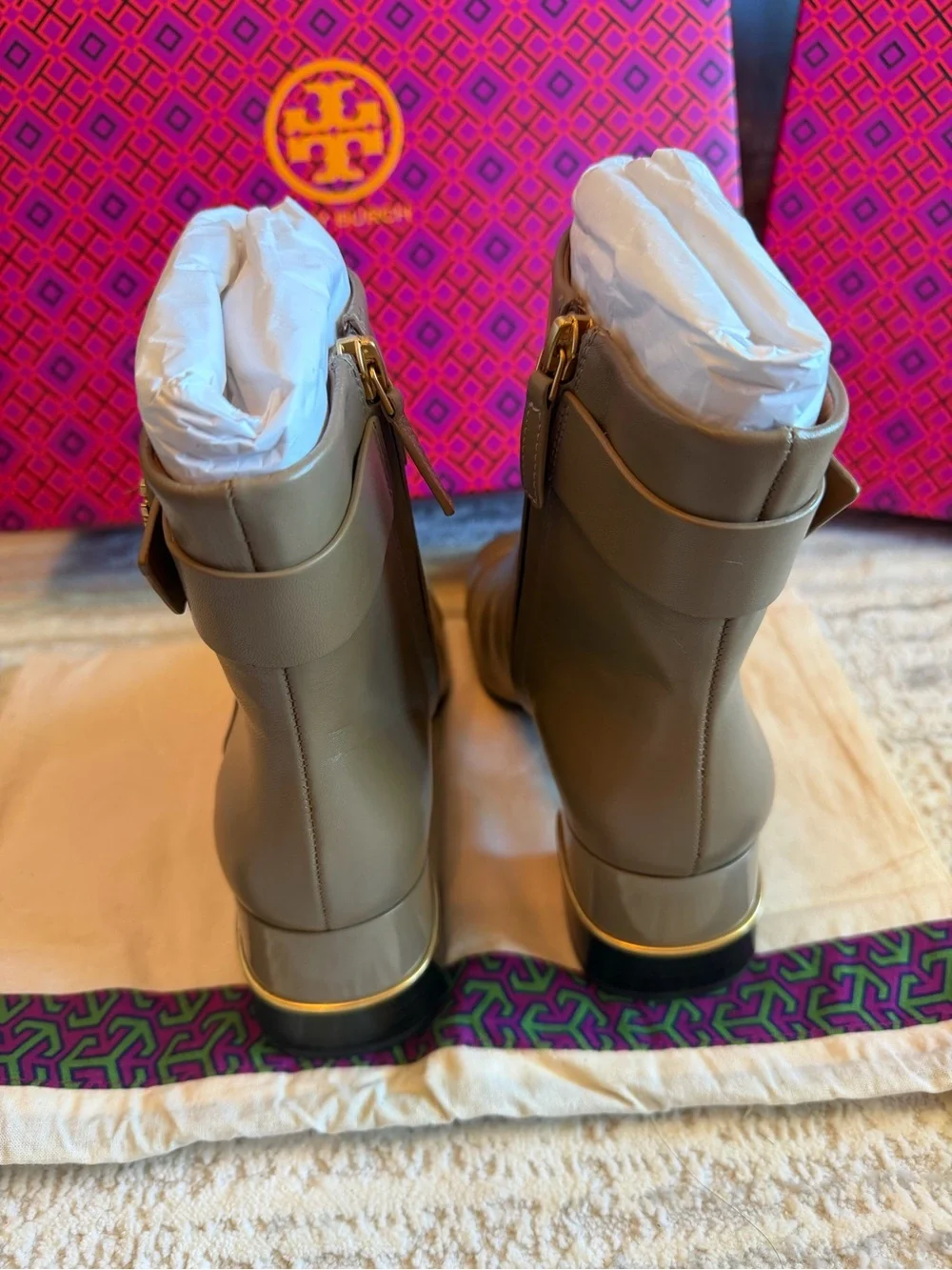 Tory Burch Multi Logo Heel Ankle Boots with Buckle Detail